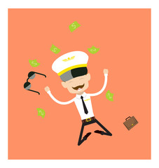 Cartoon Pilot Flight Attendant - Jumping in Excitement with money