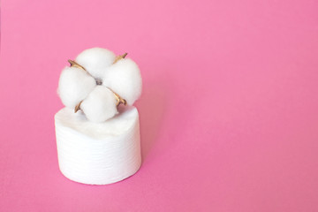 Cotton pads for removal makeup on the pink background.