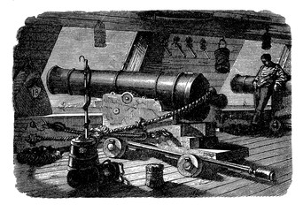 Artillery type carried on a sailing man-of-war from the Napoleonic Wars,early 19th century. Men of war were heavily armed soldiers battleship with the cannons requiring gun decks to hold them © acrogame