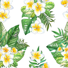 Hand painted watercolor tropical flowers seamless pattern on white background.  Ilustration for wedding invitations, greeting cards, postcards, children's books, textile, wallpapers.