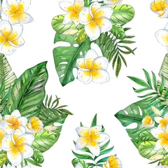Schilderijen op glas Hand painted watercolor tropical flowers seamless pattern on white background.  Ilustration for wedding invitations, greeting cards, postcards, children's books, textile, wallpapers. © Tasha_zen