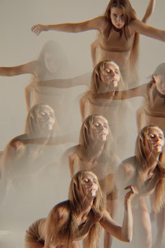 Frustrated woman in recursion dancing