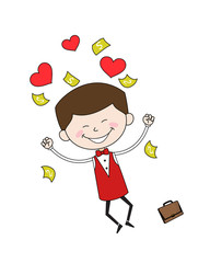 Cartoon Waiter Caterer - Jumping with Hearts and Money