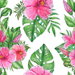 Hand painted watercolor tropical flowers seamless pattern on white background. Ilustration for wedding invitations, greeting cards, postcards, children's books, textile, wallpapers.