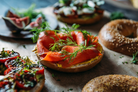Food: Bagels with different spreads and toppings