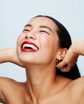 Happy woman portrait with red lips