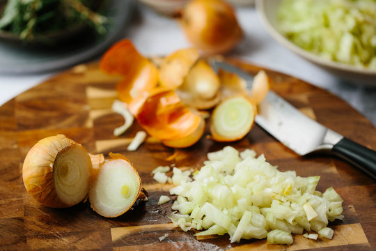 Preparation of a sofrito for a slow cooked dish.