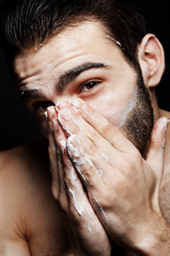 Closeup Man Washing Face