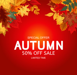 Abstract Vector Illustration Autumn Sale Background with Falling Autumn Leaves