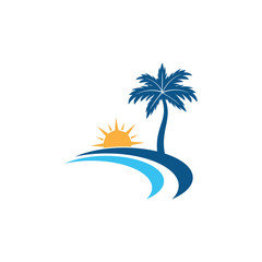 Fototapeta na wymiar sunrise in the shore line beach with coconut tree vector logo design