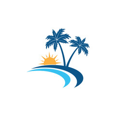 sunrise in the shore line beach with coconut tree vector logo design