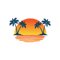 Fototapeta na wymiar orange yellow sunset between two coconut tree island with shadow on the sea vector logo design