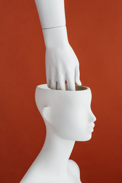 Hand inside a mannequin?s head.