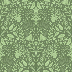 Leaves and flowers scallop half drop seamless pattern