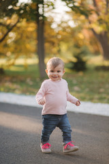 Fototapeta premium Adorable little girl walk in the parl in october. Cute ten month baby walk. Beautiful happy girl. Autumn mood