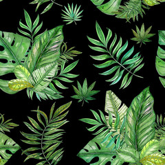Hand painted watercolor tropical leaves seamless pattern