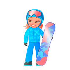 Ski winter resort. A nice girl is standing with a snowboard in her hand. Dressed in a blue tracksuit. Cartoon vector isolated illustration.