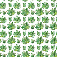 Hand painted watercolor tropical leaves seamless pattern