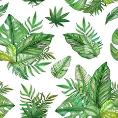 Hand painted watercolor tropical leaves seamless pattern