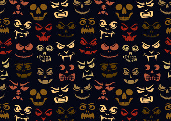 Funny monsters pattern. Halloween holiday character silhouettes background. Vampires, skeletons, demons stencil