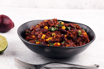 Hot chili con carne. mexican food tasty and spicy with red beans
