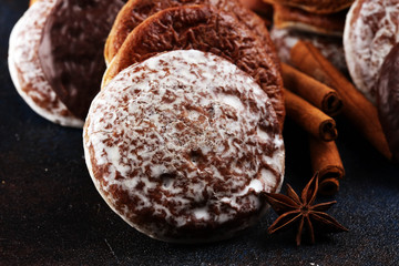 Typical German Gingerbreads such as Lebkuchen and Aachener Printen on rustic