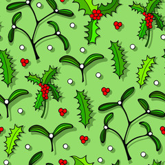New Year, Christmas seamless pattern.  holly, mistletoe. eps 10 vector illustration.  hand drawing