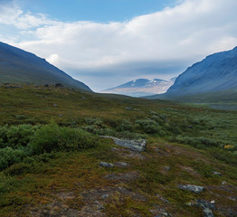Fototapeta na wymiar Beautiful wild Lapland nature landscape with blue glacial river, birch tree bushes, snow capped mountains and dramatic clouds. Northern Sweden summer at Kungsleden hiking trail.