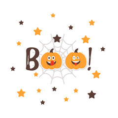 Vector Halloween BOO message with Pumpkins happy Emoji cartoon characters. Friendly Emoji Faces in the night sky with stars. Orange Squash Smiles for messenger. Greeting card, postcard.