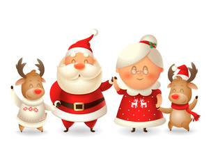 Santa Calus his wife Mrs Claus and two Reindeer celebrate winter holidays - vector illustration isolated on transparent background