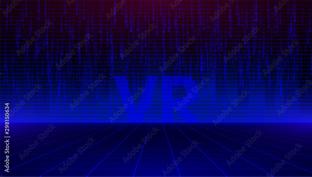 Poster retrofuturistic sci-fi blue laser perspective grid with binary code wall on horizon.