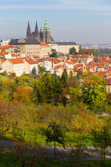 Autumn Prague City with gothic Castle and colorful Nature and Trees from the Hill Petrin, Czech Republic