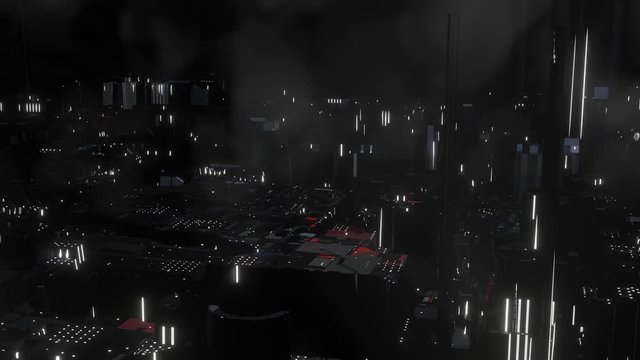 Dark feeling scifi industrial city scape. skyline seamlessly animated. 3d rendered futuristic industrial space city