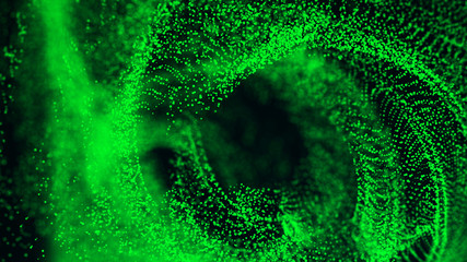 Big data concept visualization. Futuristic wave of glowing particles. Shine flares on dark background. Digital background. 3D rendering.