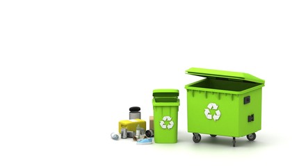 Recycling concept. 3D render. Garbage container. Enviroment polution. Trash. Earth protection. Recycle dumpster. Waste management concept. Different types of trash.
