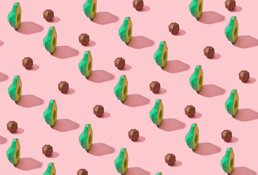 Creative diagonal pattern halves of avocado and bones of paper o