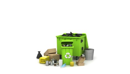 Recycling concept. 3D render. Garbage container. Enviroment polution. Trash. Earth protection. Recycle dumpster. Waste management concept. Different types of trash.