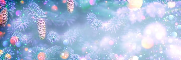 Banner Of Soft Blurred Abstract Background With Pine-cones And Colorful Shiny Bokeh - Winter/Christmas