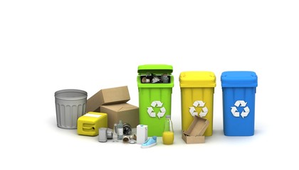 Recycling concept. 3D render. Garbage container. Enviroment polution. Trash. Earth protection. Recycle dumpster. Waste management concept. Different types of trash.