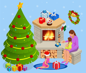 Isometric interior Christmas. Glowing Christmas tree, fireplace and gifts. Happy family by fireplace on Christmas Eve.
