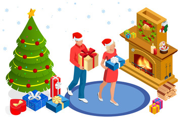 Isometric interior Christmas. Glowing Christmas tree, fireplace and gifts. Happy family by fireplace on Christmas Eve.