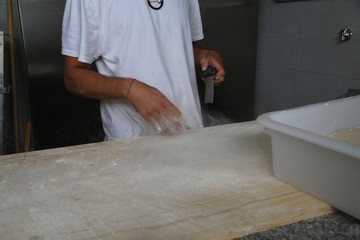 Bakers making handmade loaves of bread in a family bakery shaping the dough into tradional shapes. Working hands kneading bread dough