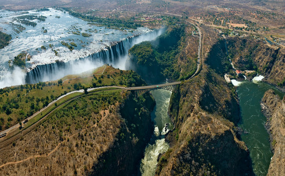 Aerial view of bridge over Victoria Falls, Zambia and Zimbabwe