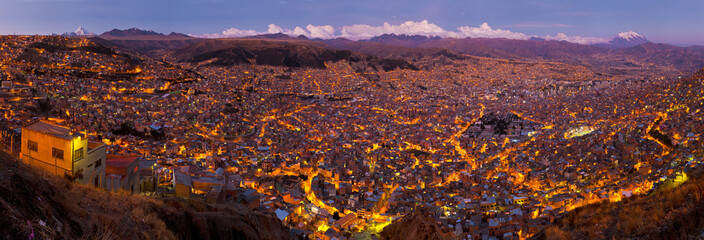 Panoramic aerial view of La Paz, Bolivia, during the night.