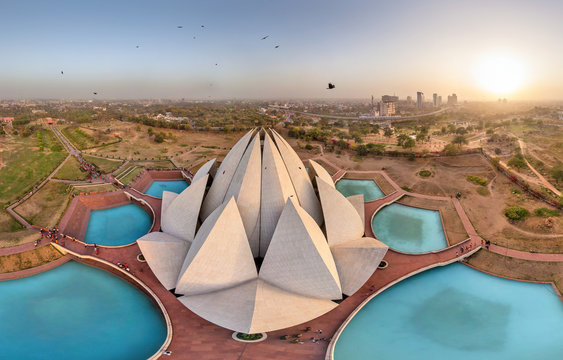Aerial view of Lotus Temple with birds flying by, Delhi, India