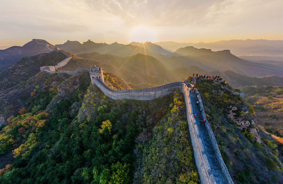 Aerial view of tourist visiting the Great Wall of China