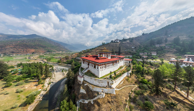 Aerial view of a monastery at Paro, Bhutan.