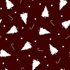 White christmas trees, candy sticks and stars seamless repeat pattern on red background. Holiday, winter pattern for background, wallpaper and wrapping. Vector illustration.