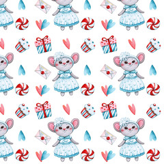 christmas pattern of mice, gifts and sweets