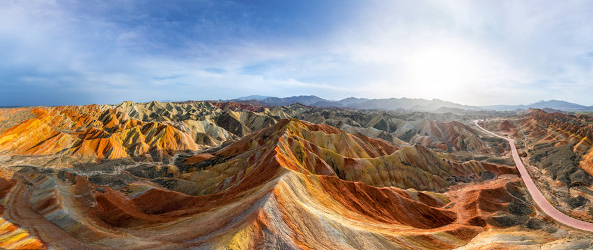 Panoramic Aerial View Of Colourful Mountains At Zhangye Danxia Geopark, China